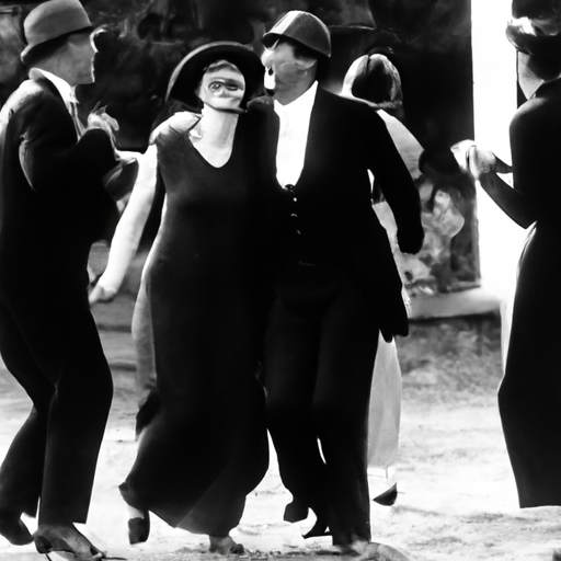 תמונה בשחור-לבן של מבוגרים לבושים בלבוש שנות ה-20, רוקדים וצוחקים.