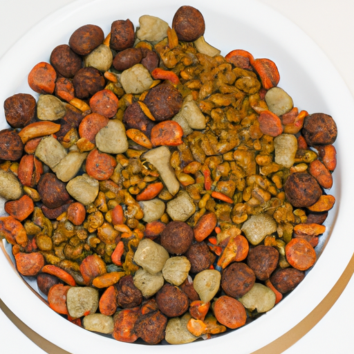 צילום תקריב של ארוחת כלבים מאוזנת המכילה סוגי מזון שונים