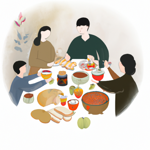 1. משפחה התאספה סביב שולחן, חוגגת את ראש השנה עם מאכלים ומוצרים מסורתיים.