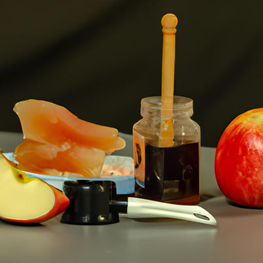 3. תמונה של מוצרים חיוניים לראש השנה, כולל תפוחים, דבש ושופר.