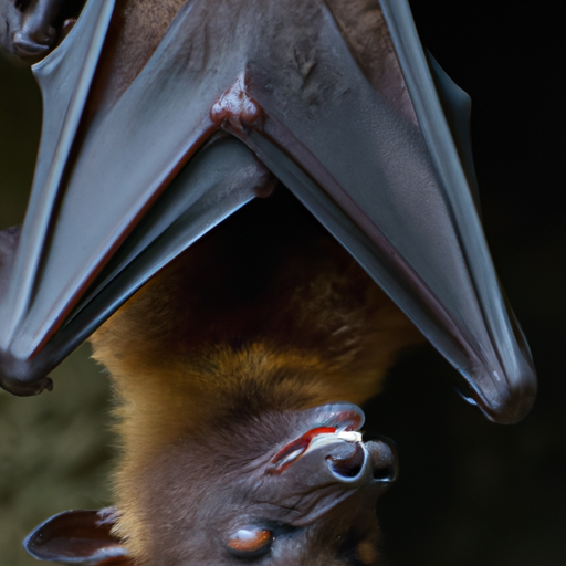 צילום תקריב של עטלף תלוי הפוך, המציג את הפיזיולוגיה הייחודית שלו.